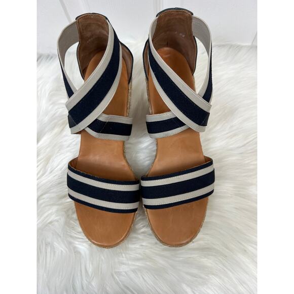 Paul Green Navy & Beige Striped Crisscross Espadrille Sandal Wedges 9.5 - Picture 4 of 7